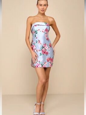 LULUS Luxe Wonder Light Blue Floral Taffeta Strapless Bow Mini Dress Size S/M